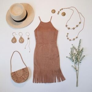 AQUA 🤎 》Fringe Faux Suede Halter Dress